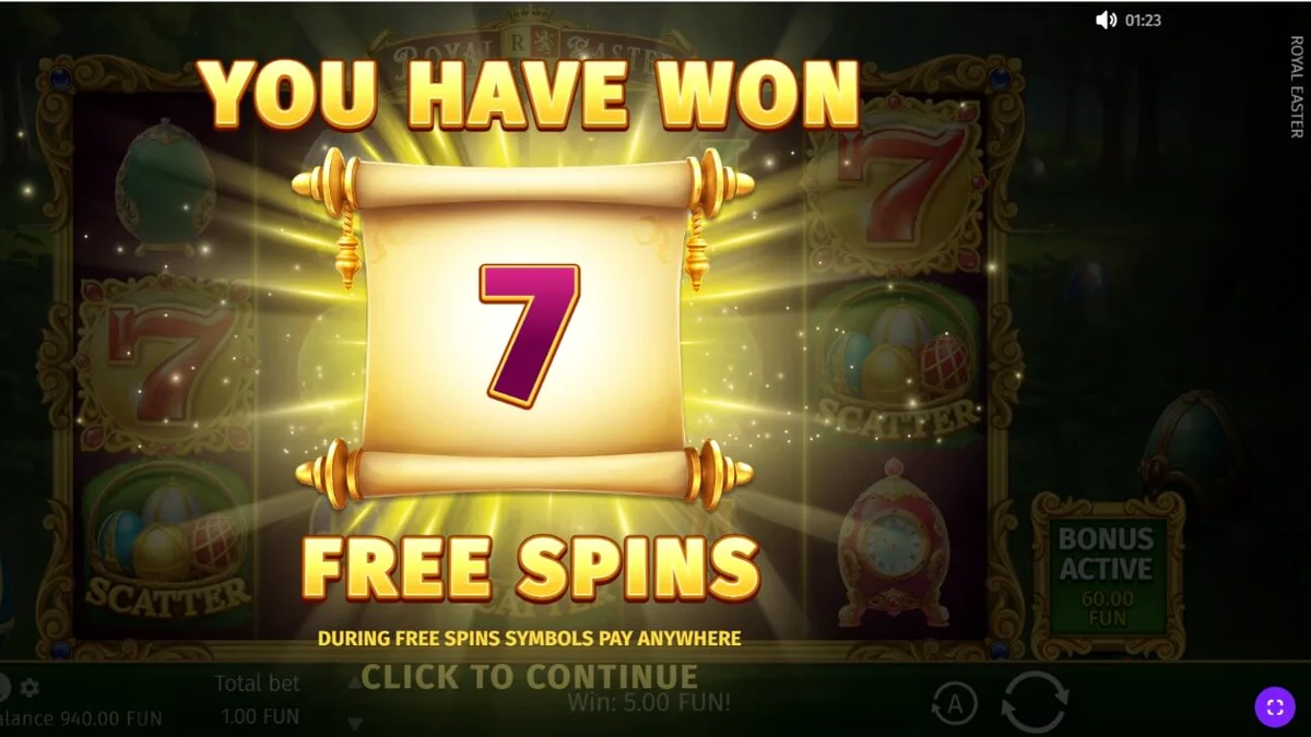 Royal Easter slot machine screen showing Fabergé eggs and palace garden theme