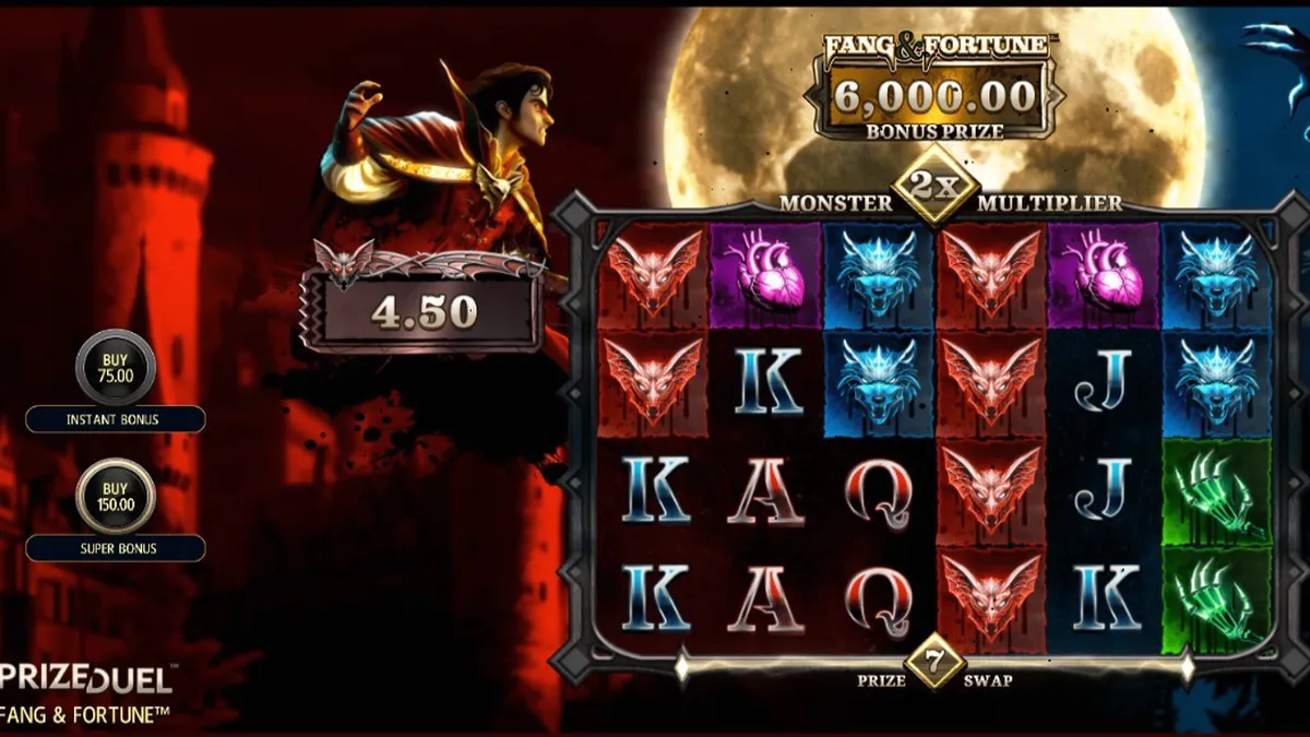 Tampilan visual slot Fang & Fortune dengan tema vampir dan manusia serigala