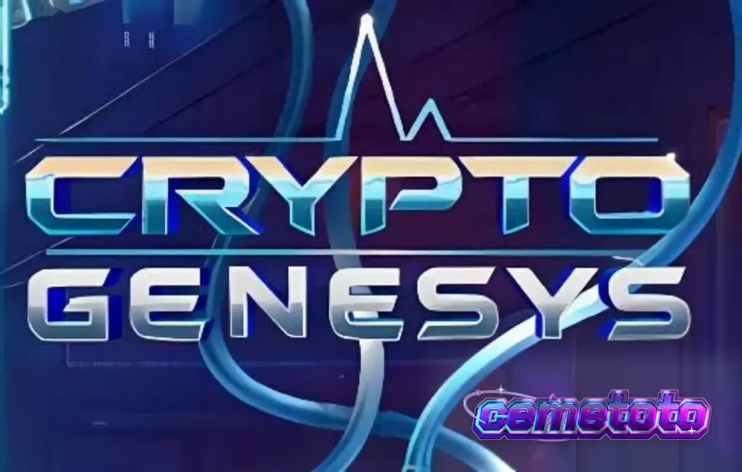 Tampilan visual futuristik slot Crypto Genesys dengan elemen neon dan simbol kripto.