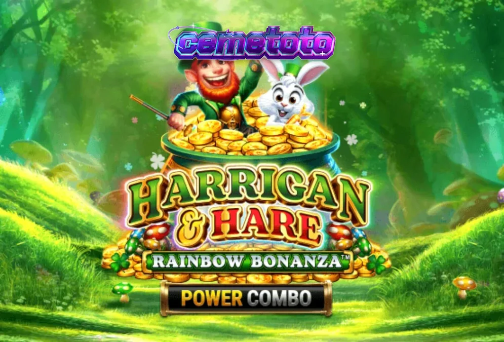 Tampilan visual slot Harrigan & Hare Rainbow Bonanza Power Combo dengan latar belakang perbukitan hijau Irlandia.